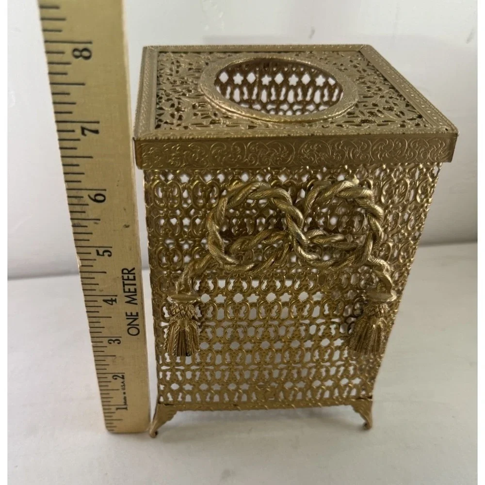 Vintage Hollywood Regency Gold Filigree Tassel Tissue Box Holder Cover Ornate
